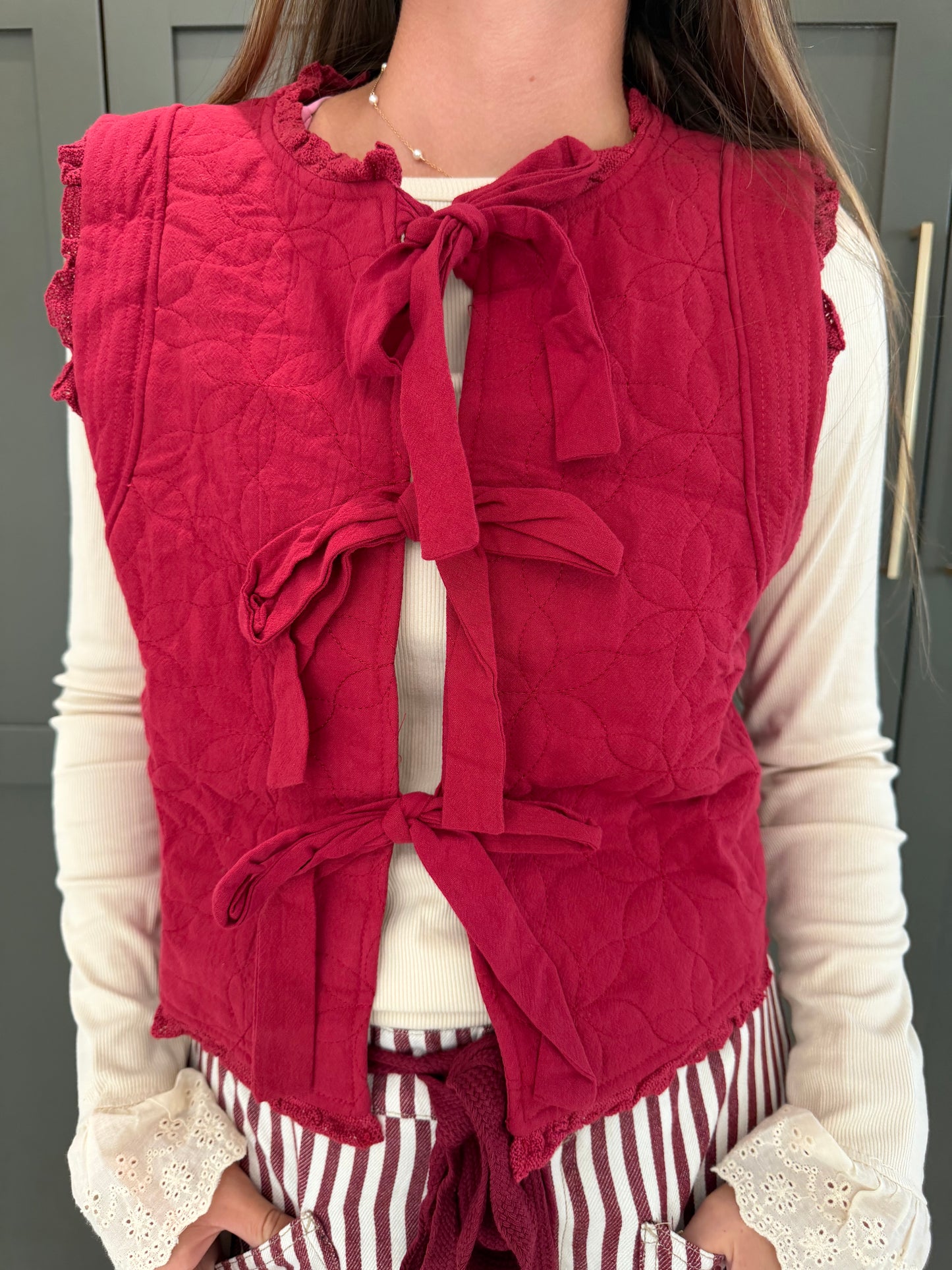 Cranberry Quilted Tie Vest-TGB