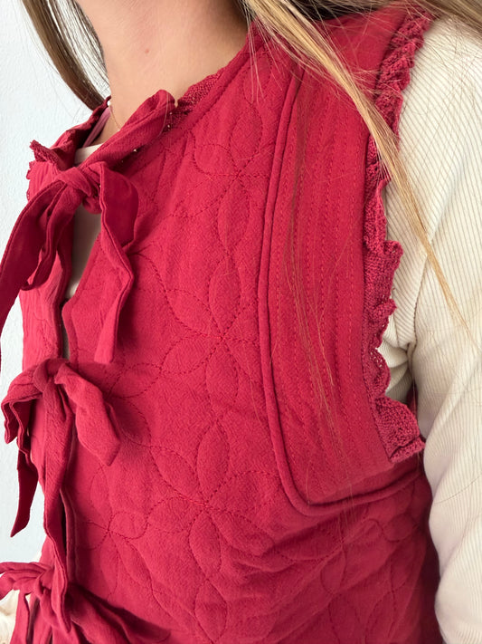 Cranberry Quilted Tie Vest-TGB
