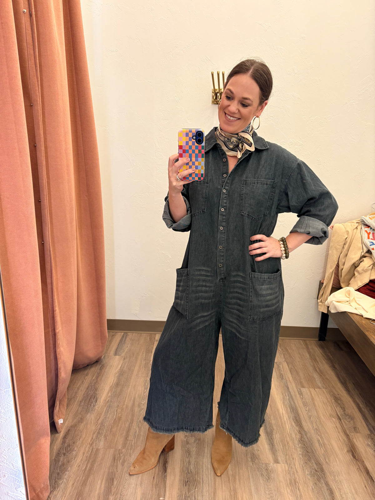 Denim long sleeve wide leg jumpsuit