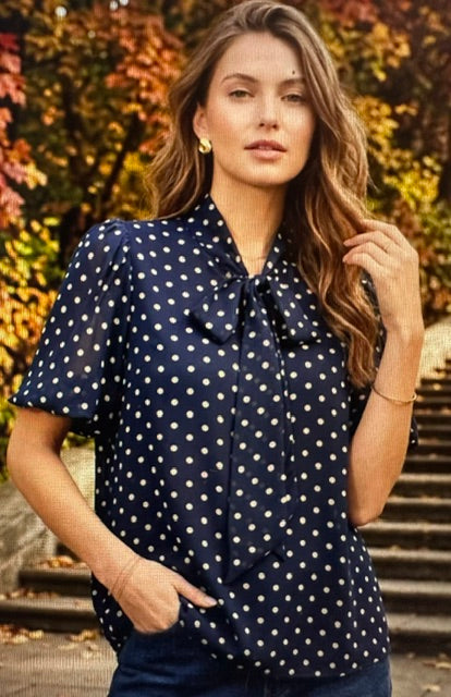 Short Puff Sleeve Woven polka Dot Print Top w/ Bow