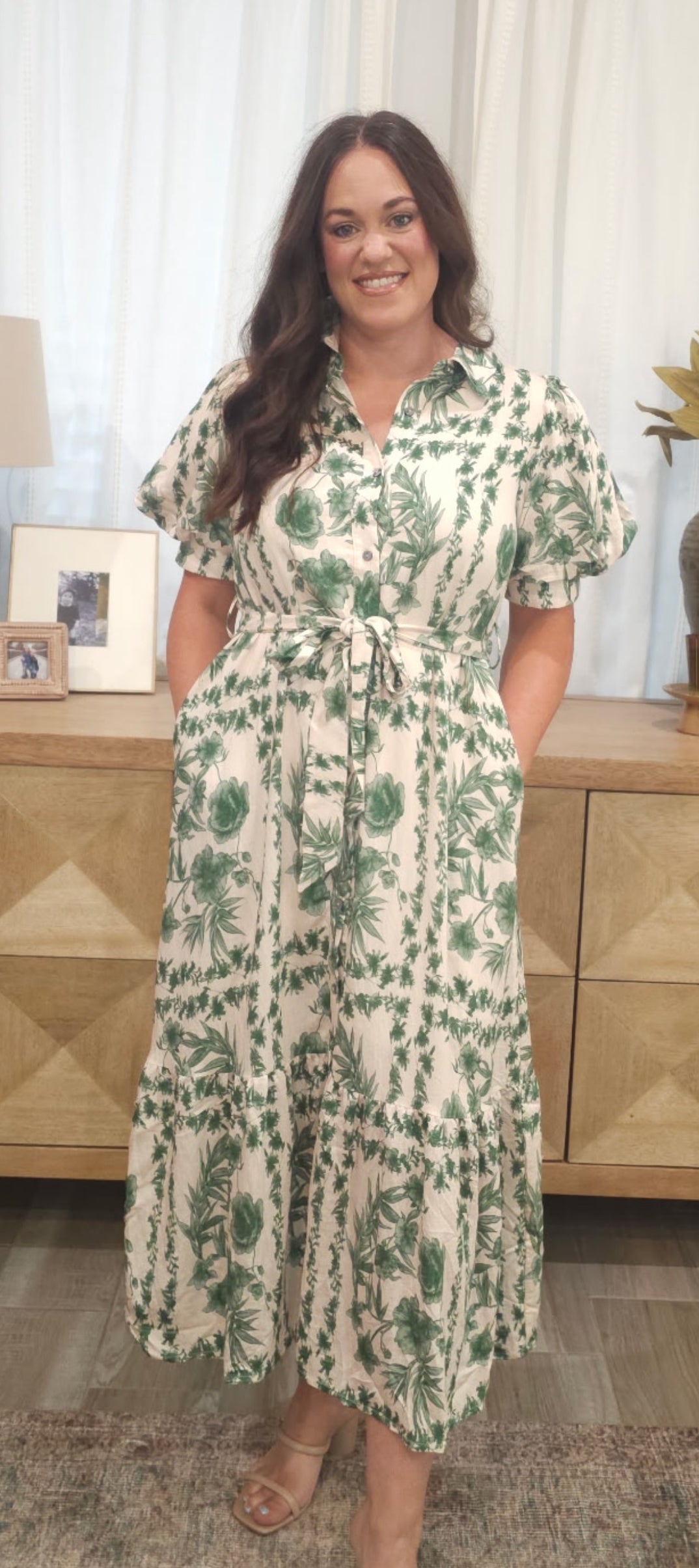 IMS Dark Green And Cream Floral Maxi Dress