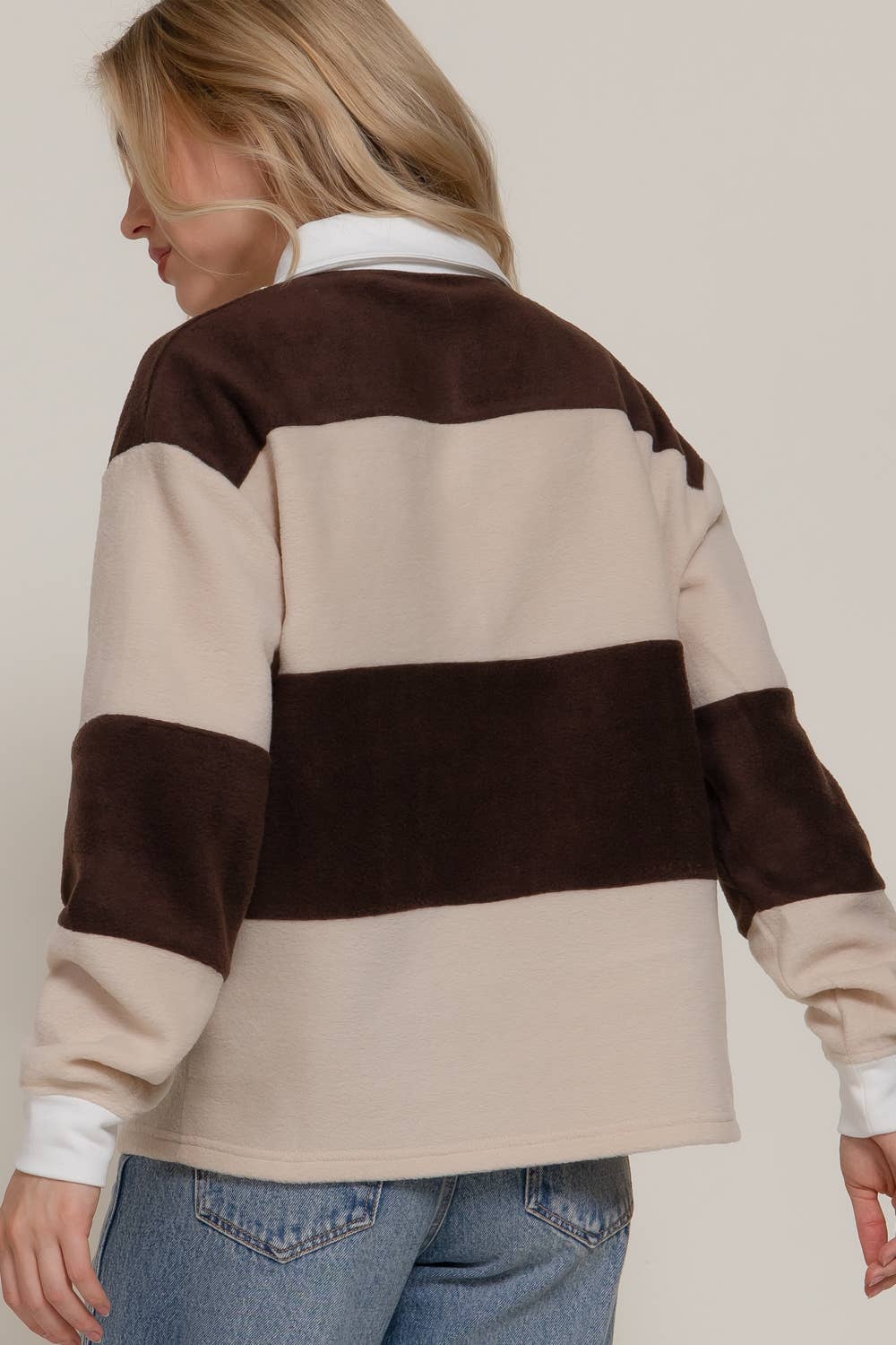Long Sleeve Rugby Cream Brown Polo Top