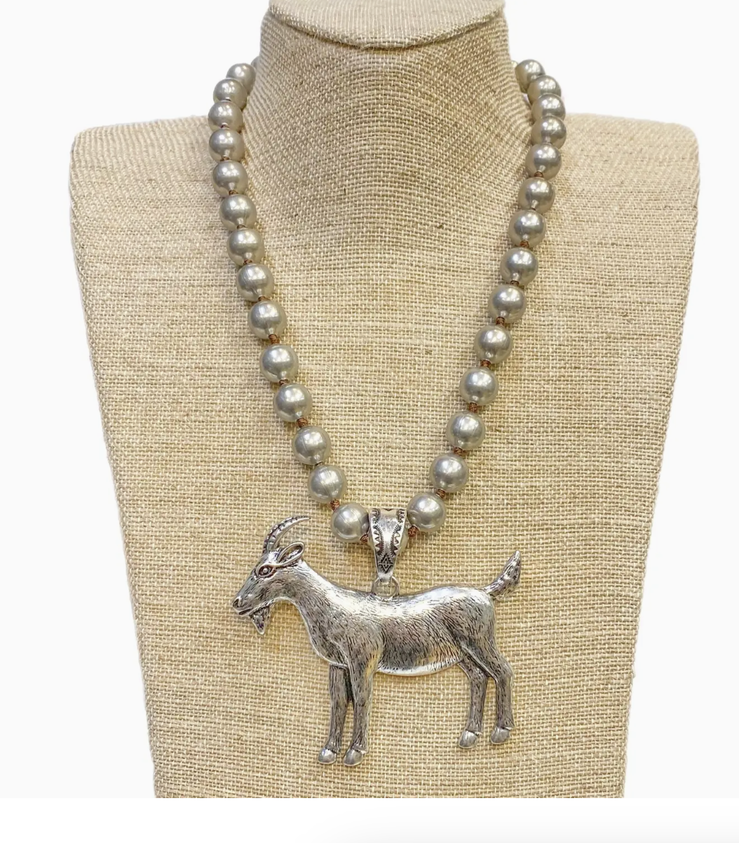 Silver Metal Goat Pendant On Faux Navajo Pearl