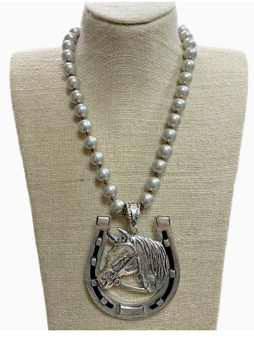 Horse Shoe Pendant On 12mm Faux Navajo Pearl Necklace