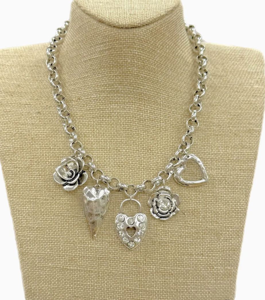 Silver Multi Heart/Flower Charms On Rollo Chain Necklace