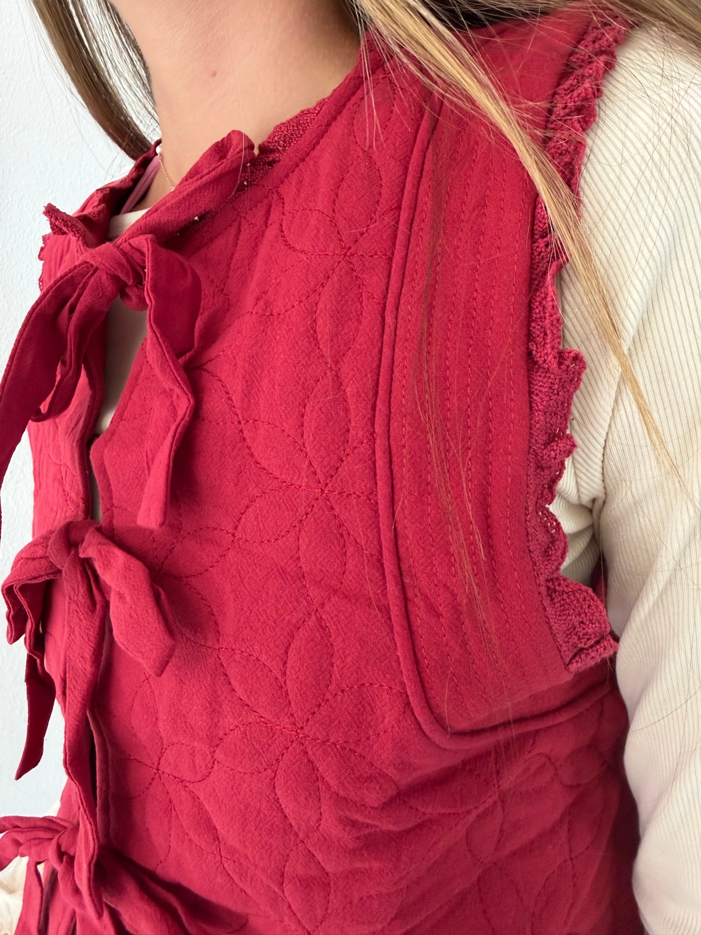 Cranberry Quilted Tie Vest-TGB