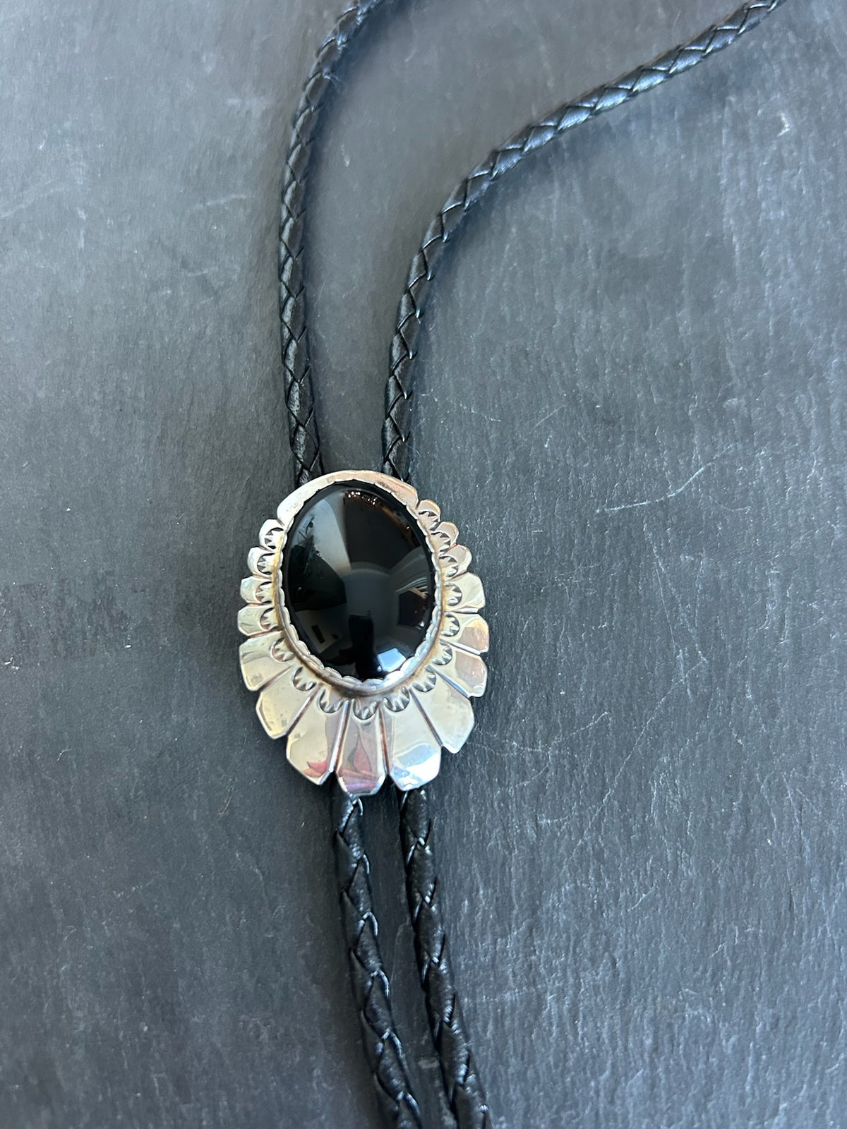 Native Made Black Onyx and Sterling Silver Bolo Tie - TGBJ