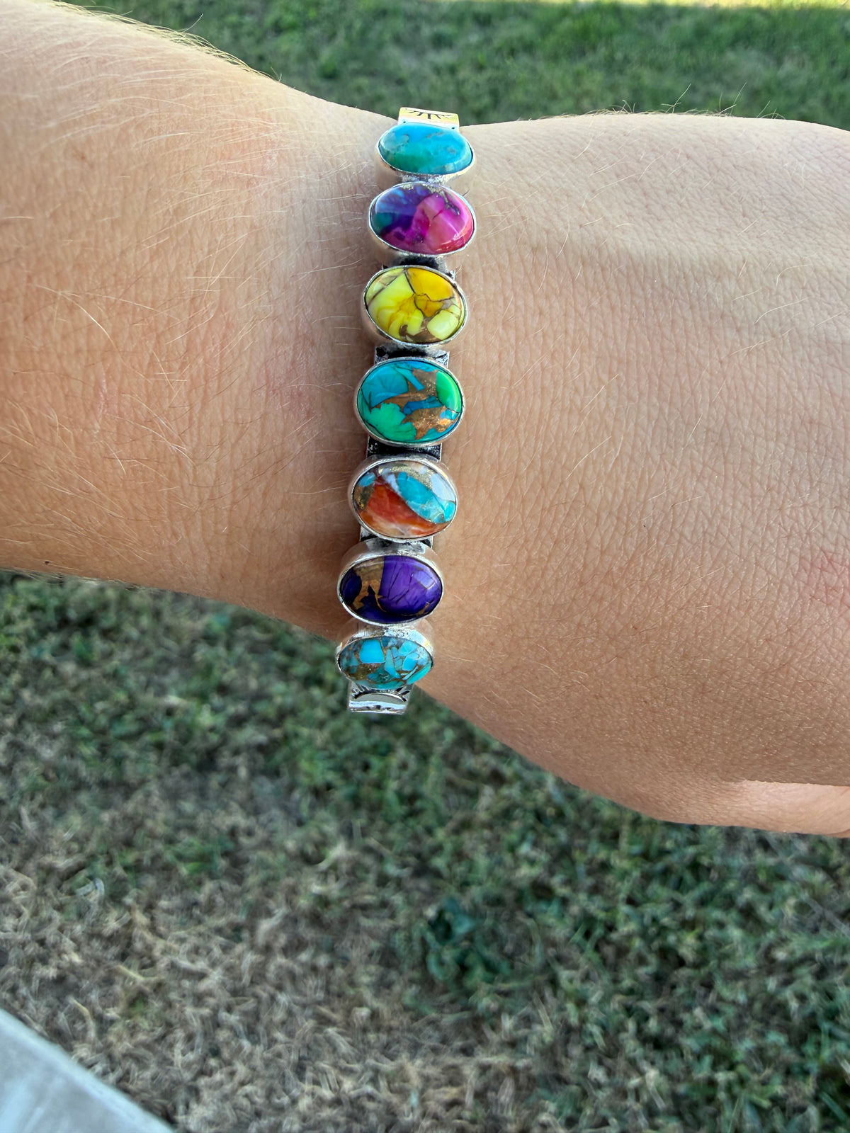 Multi Turquoise Stone Silver Plated Bracelet-TGB
