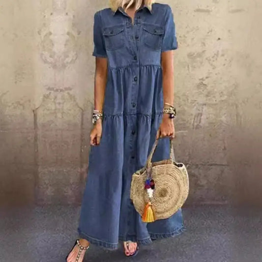 Women's Long Denim Dress with Button Front