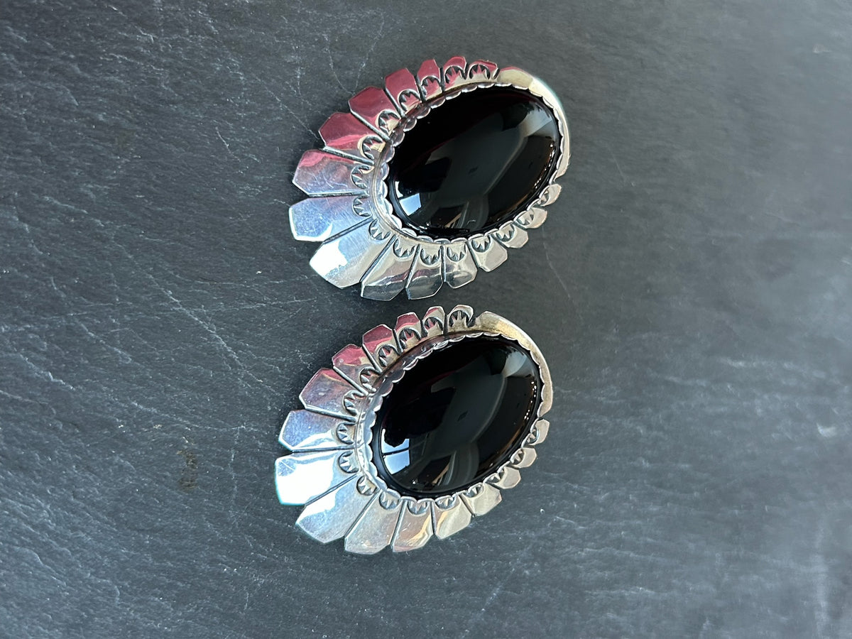 Native Made Black Onyx & Sterling Silver Earrings - TGBJ