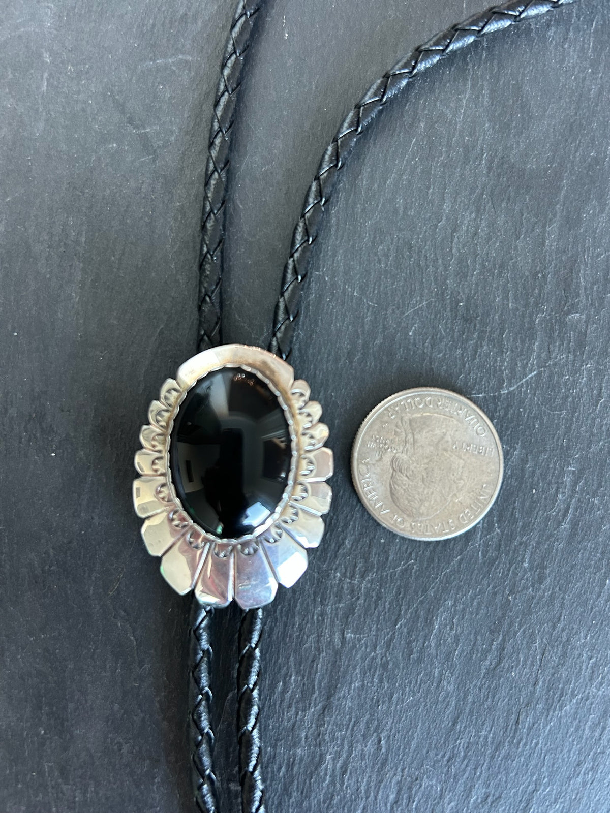 Native Made Black Onyx and Sterling Silver Bolo Tie - TGBJ