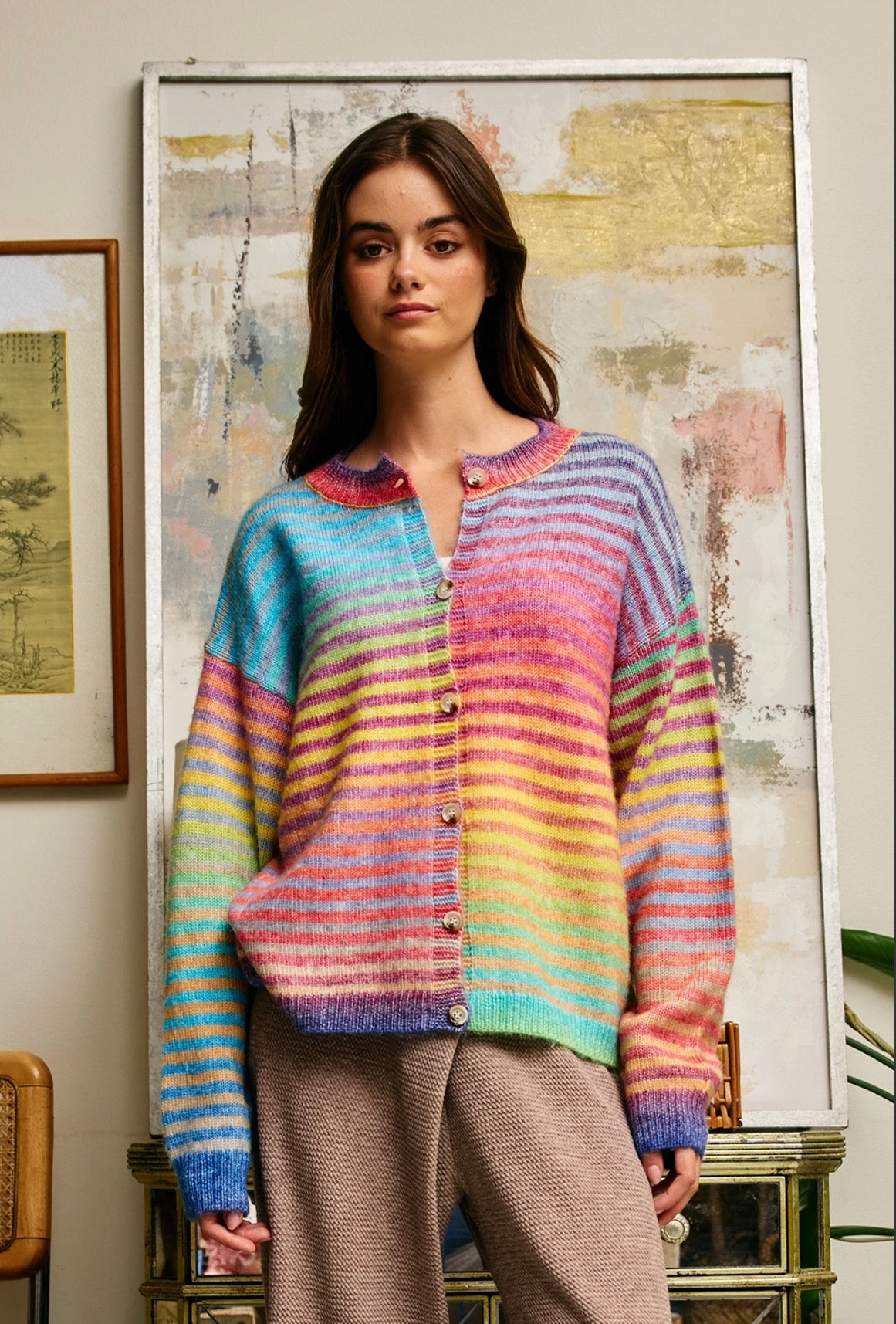 Rainbow striped collared knit cardigan