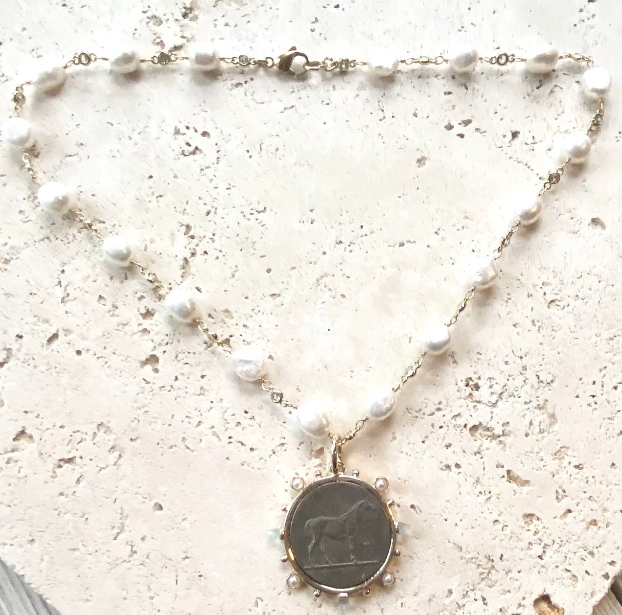 Horse Pendant Necklace with Pearl Chain - TGB