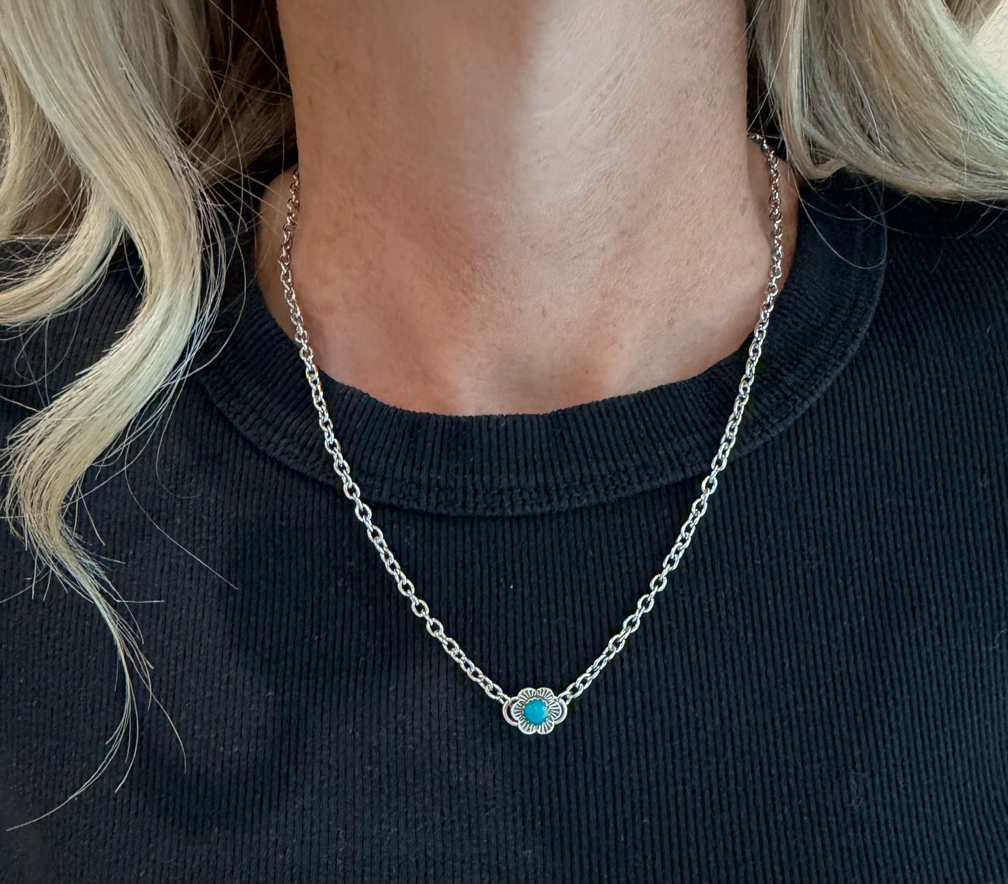 Sterling Silver Turquoise Flower Necklace-TGB
