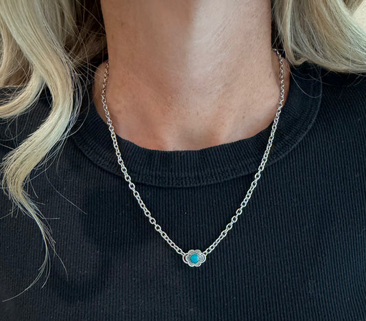 Sterling Silver Turquoise Flower Necklace-TGB