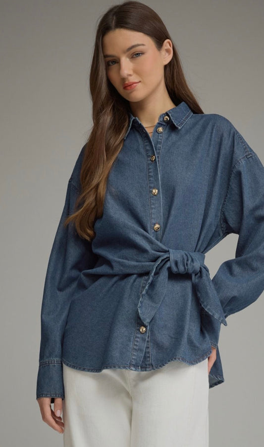 The River Tie Waist Button Up Top Dark IMS