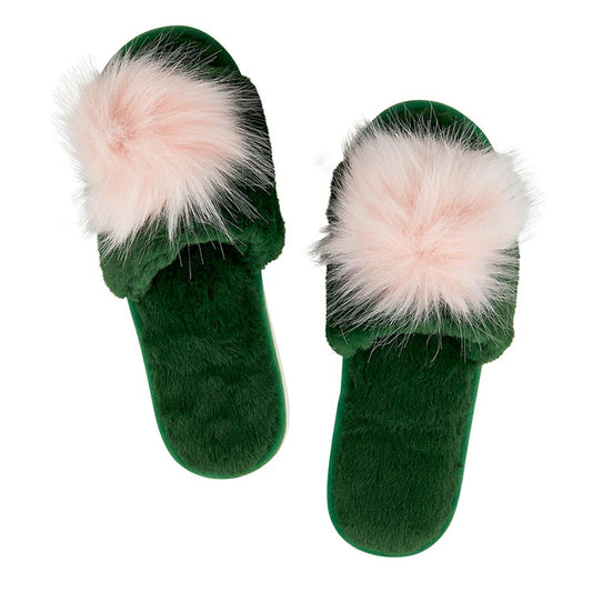 Green Plush Slippers with Pom Pom