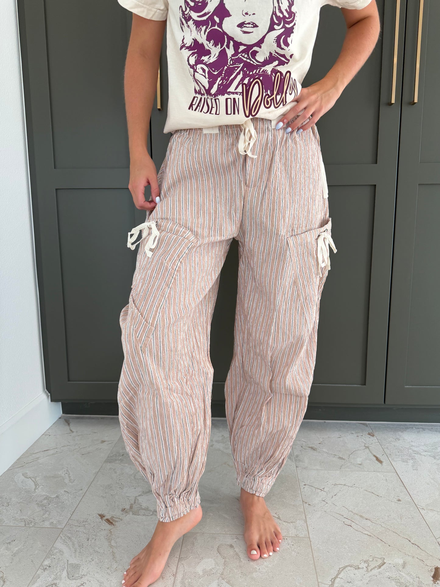 Oatmeal Striped Joggers-TGB