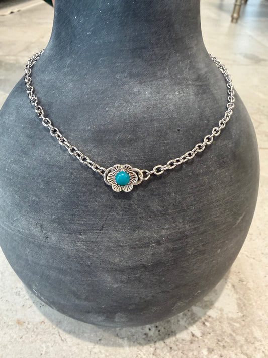 Sterling Silver Turquoise Flower Necklace-TGB