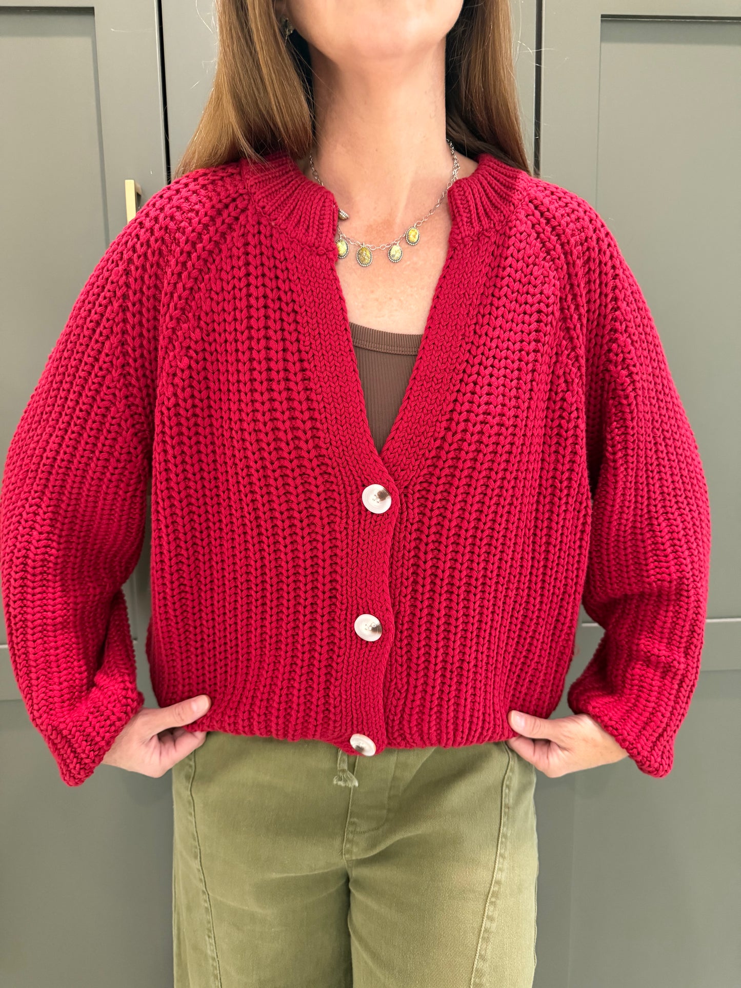 Red Button Up Cardigan-TGB