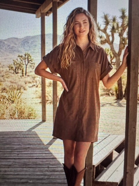 Drop Shoulder Suede Button Down Shirt Dress