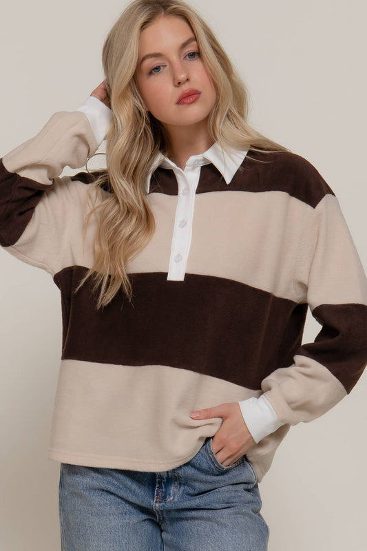 Long Sleeve Rugby Cream Brown Polo Top