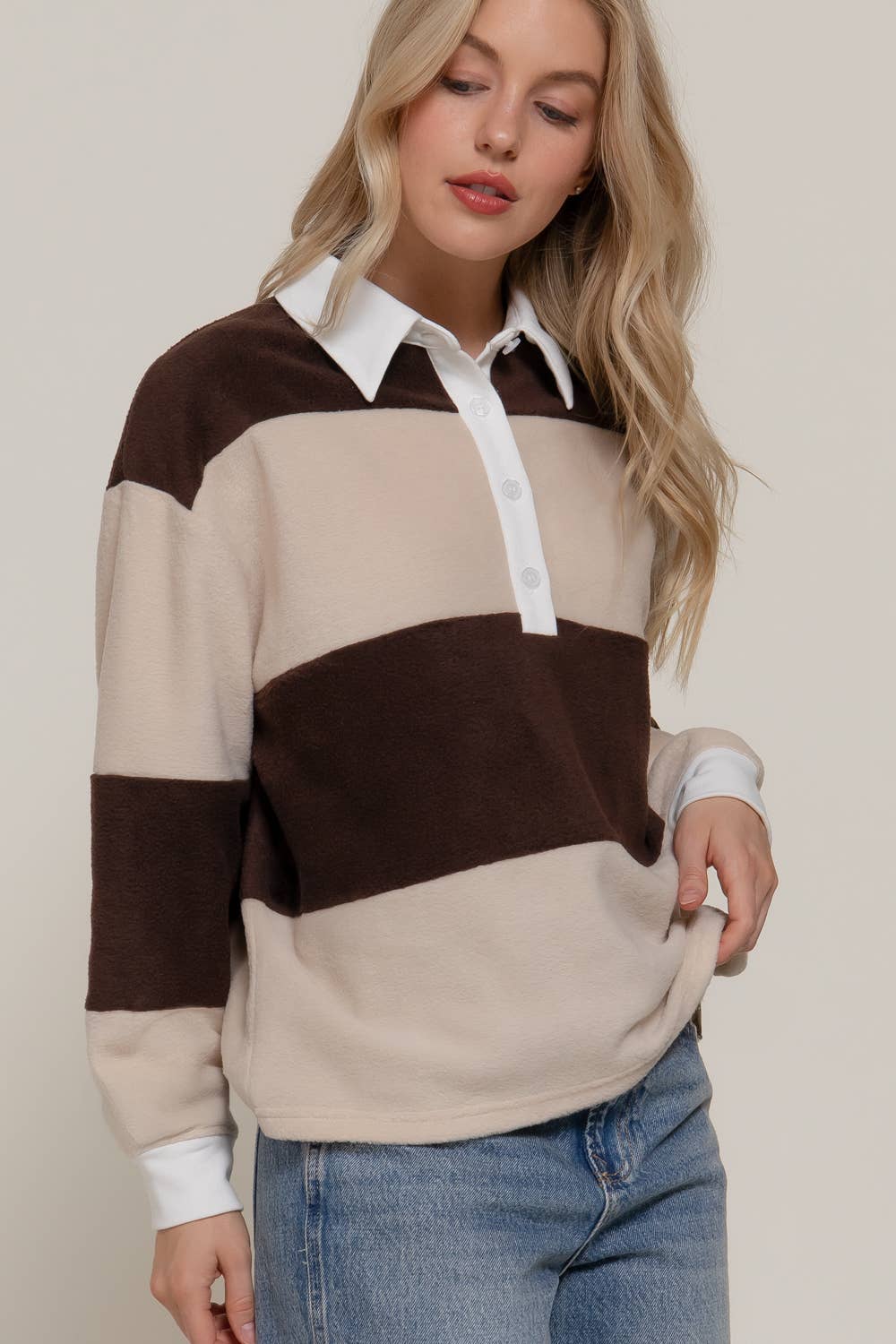 Long Sleeve Rugby Cream Brown Polo Top