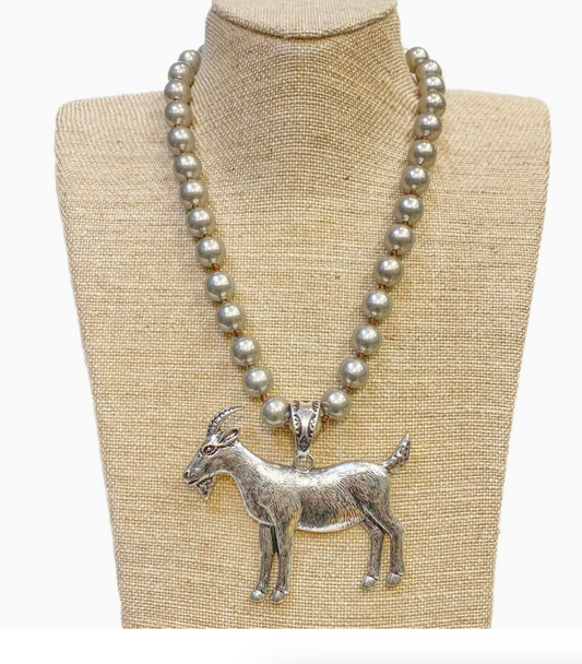 Silver Metal Goat Pendant On Faux Navajo Pearl