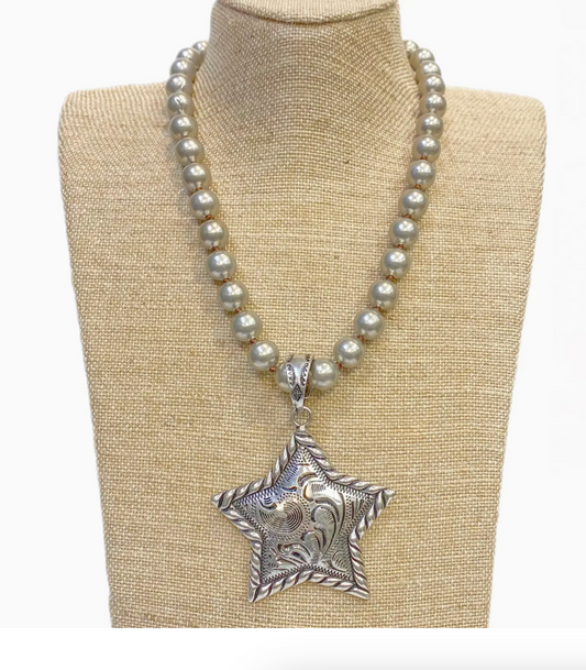 Silver Metal Star  On Faux Navajo Pearl Necklace