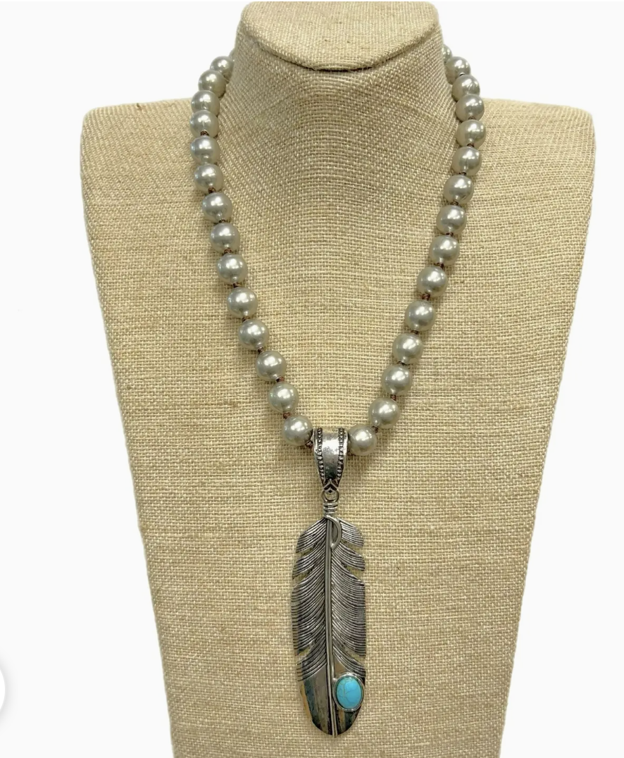 Feather with Turquoise Pendant On Faux Navajo Pearl Necklace