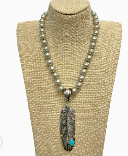 Feather with Turquoise Pendant On Faux Navajo Pearl Necklace