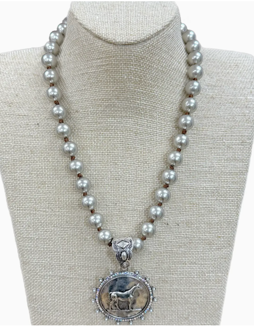 Horse Coin Pendant with Ab Crystal Edge On Faux Navajo Pearl
