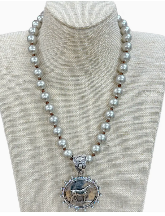 Horse Coin Pendant with Ab Crystal Edge On Faux Navajo Pearl