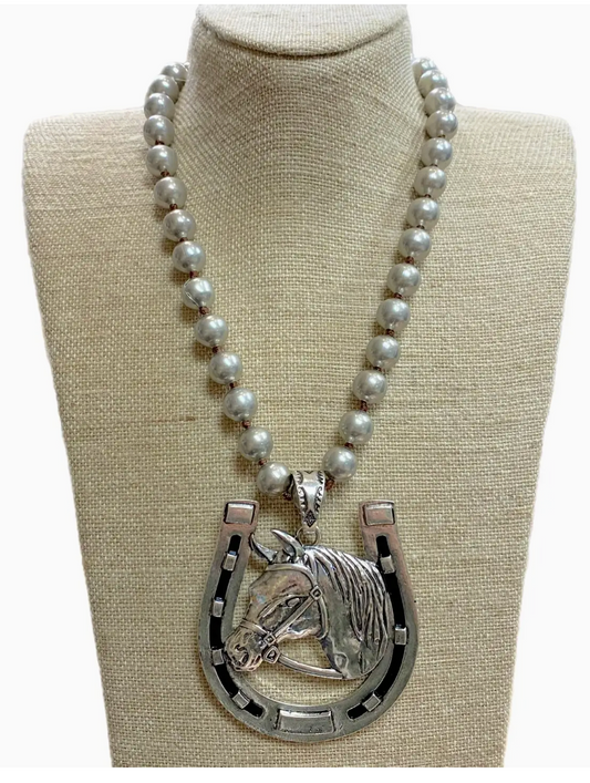 Horse Shoe Pendant On 12mm Faux Navajo Pearl Necklace