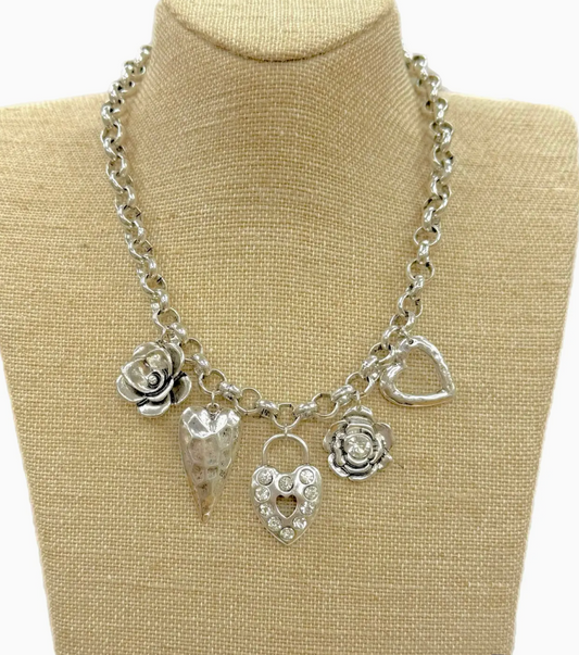 Silver Multi Heart/Flower Charms On Rollo Chain Necklace