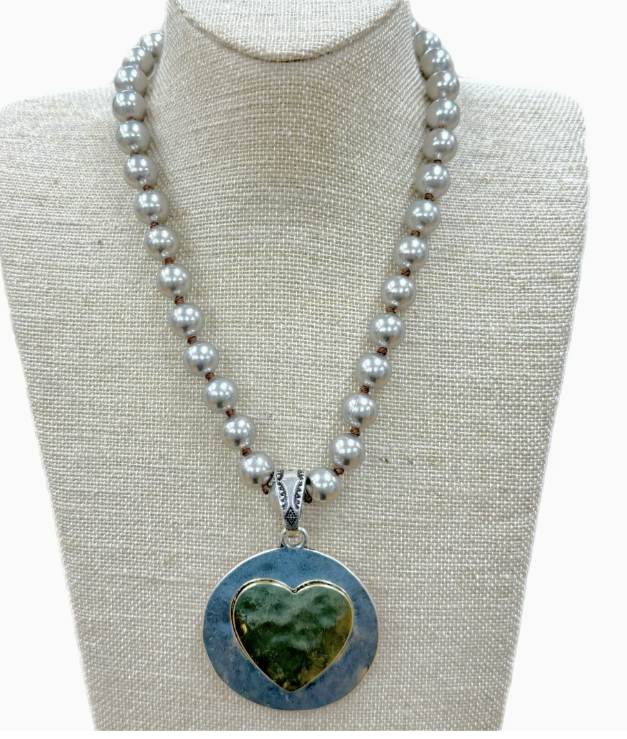 Two Tone Heart Coin Pendant On Faux Navajo Pearl Necklace