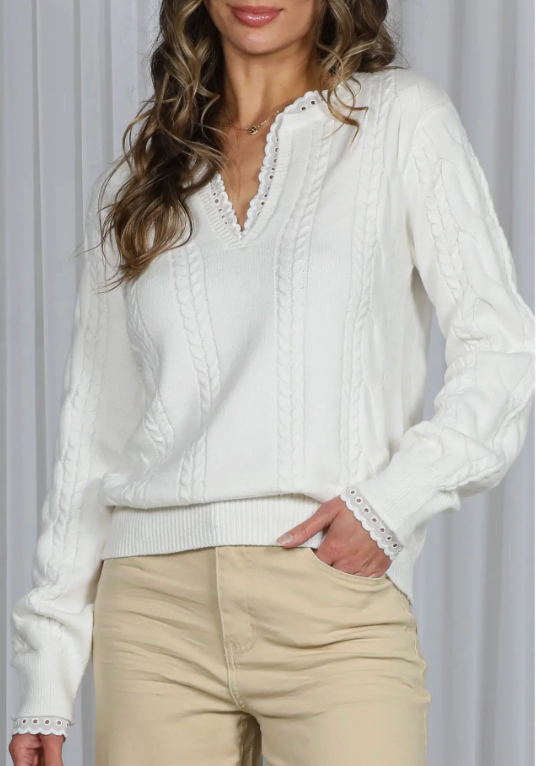 Lace Detail V-Neck Cable Knitted Sweater