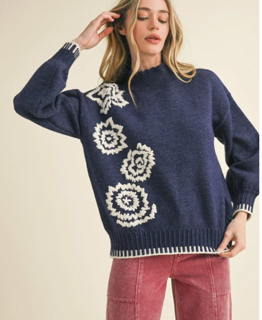 Floral Embroidery Mock Neck Sweater