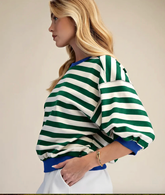 Stripe Sweatshirt Round Neck Bubble Sleeve